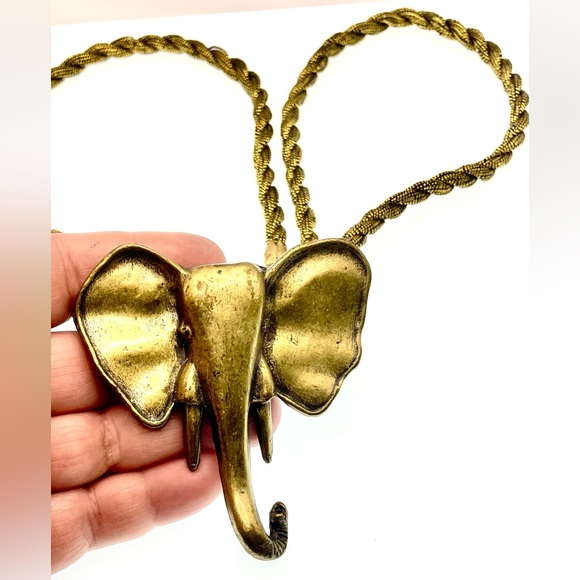 Vintage Large Brass Elephant Pendant on Black and Gold Cord Necklace Boho - Picture 8 of 8